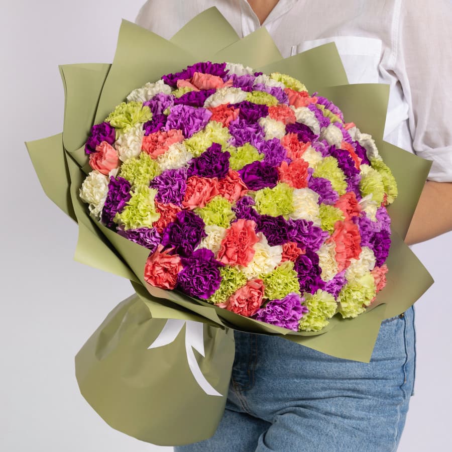 Весенний букет 101 диантус в матовой бумаге