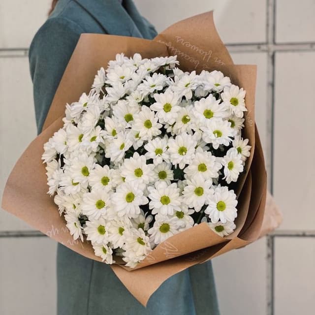 Дизайнерский букет из 25 хризантем в крафте (цвет на выбор) Дизайнерский букет из 25 хризантем в крафте (цвет на выбор)