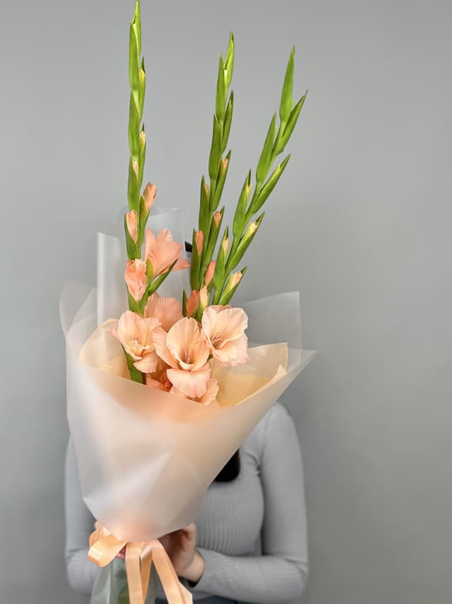 Букет из 3 гладиолусов персик в матовой бумаге Букет из 3 гладиолусов персик в матовой бумаге