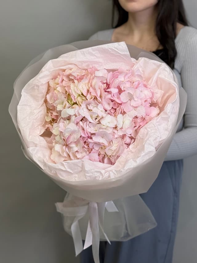 Букет из 3 розовых гортензий в фирменной упаковке Букет из 3 розовых гортензий в фирменной упаковке