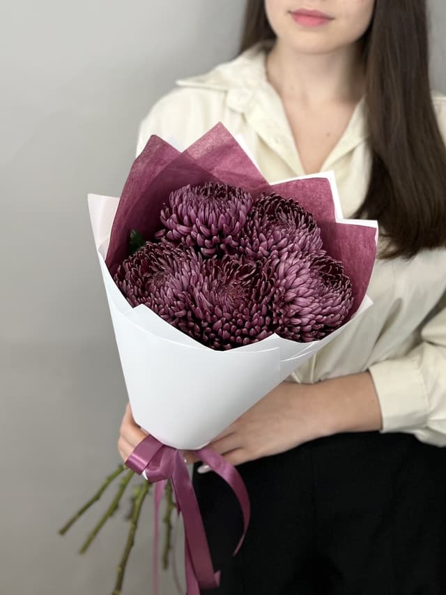 Букет из 5 фиолетовых хризантем "Бигуди" Букет из 5 фиолетовых хризантем "Бигуди"