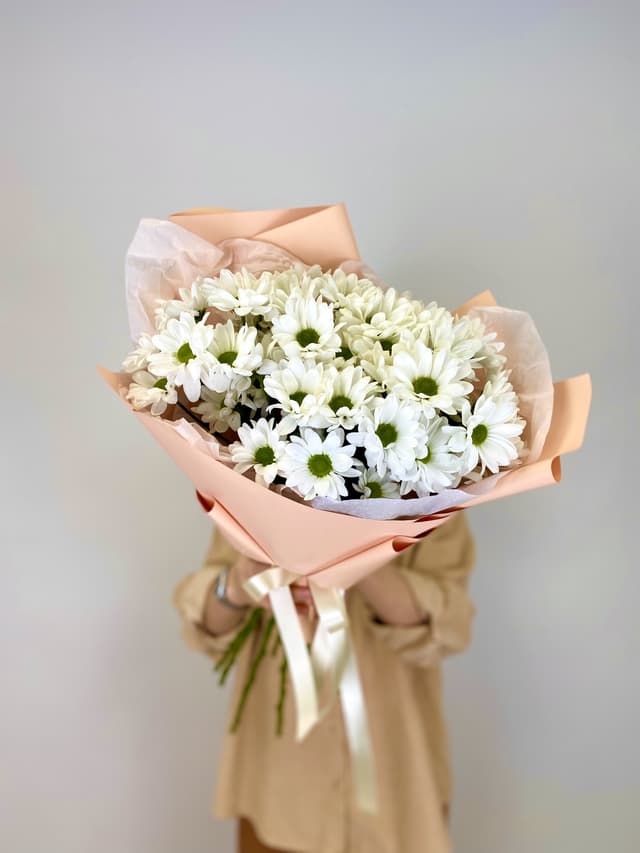 Весенний букет из 7 Хризантем Бакарди в матовой упаковке Весенний букет из 7 Хризантем Бакарди в матовой упаковке