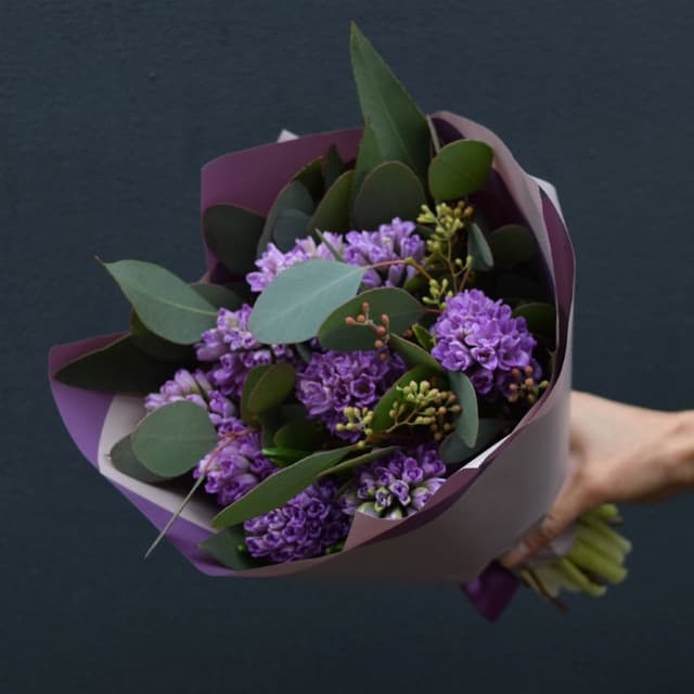 Букет из 9 Гиацинтов в матовой бумаге с Эвкалиптом Букет из 9 Гиацинтов в матовой бумаге с Эвкалиптом