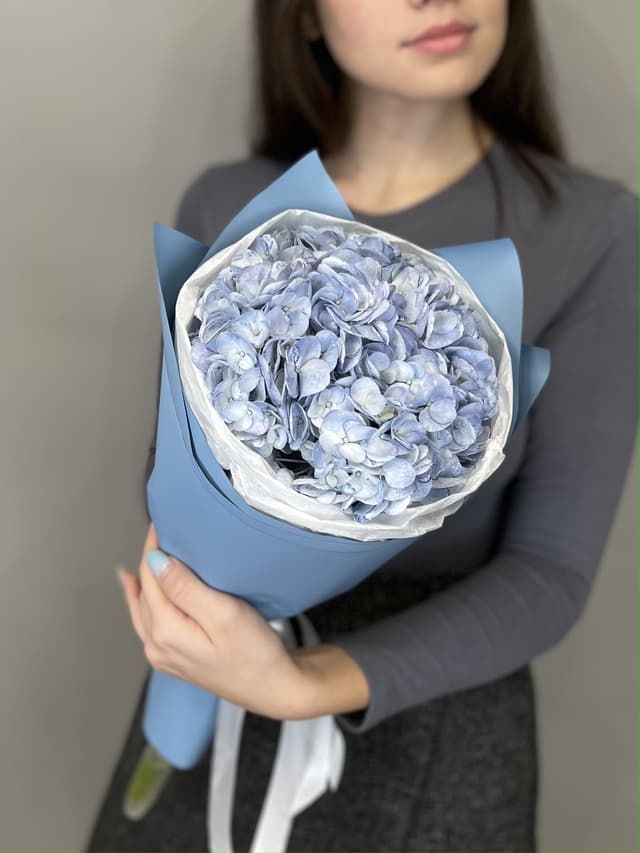 Букет из голубой гортензии в упаковке Менделеева Букет из голубой гортензии в упаковке Менделеева
