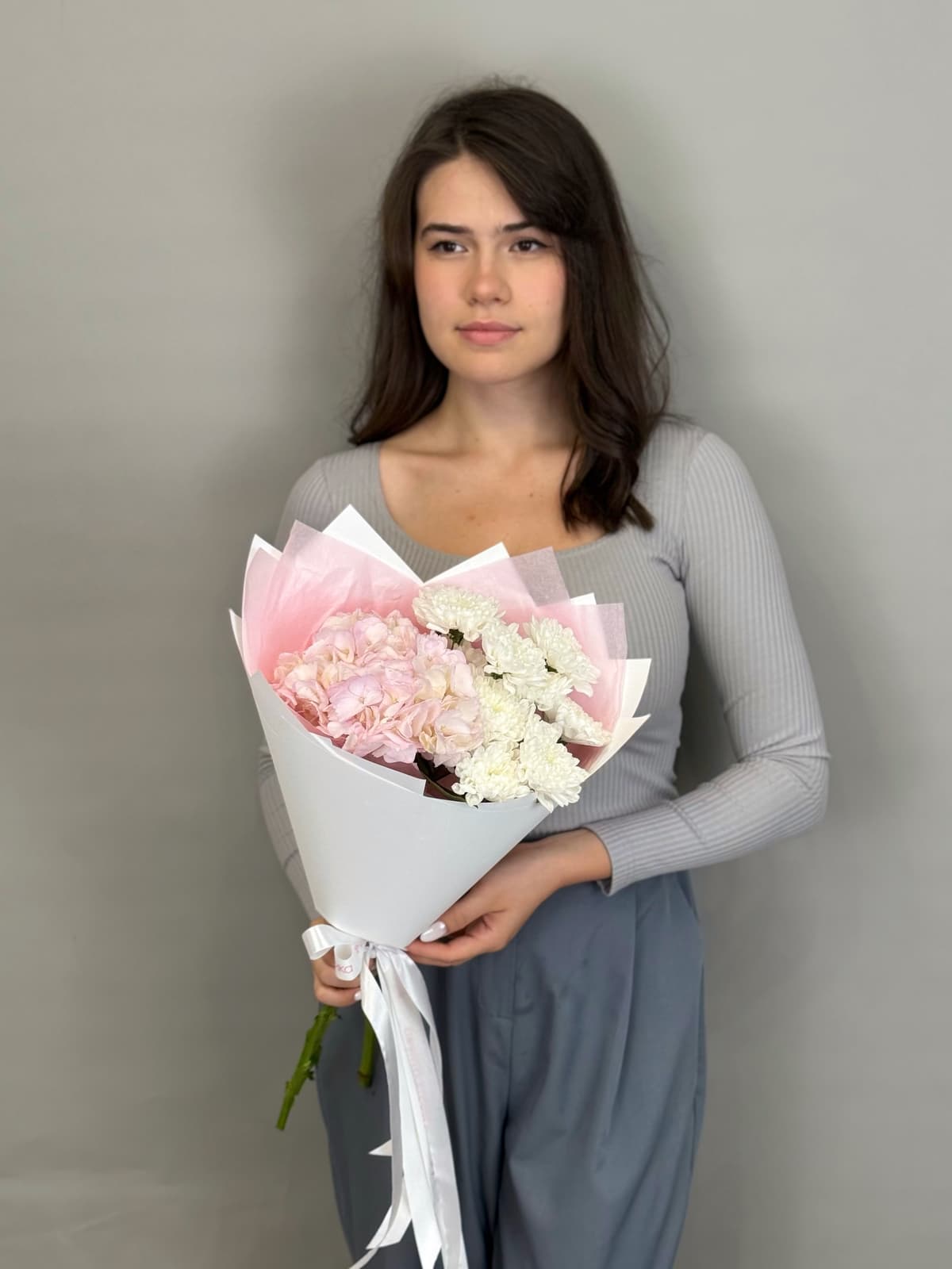 Дуо букет гортензия и хризантема