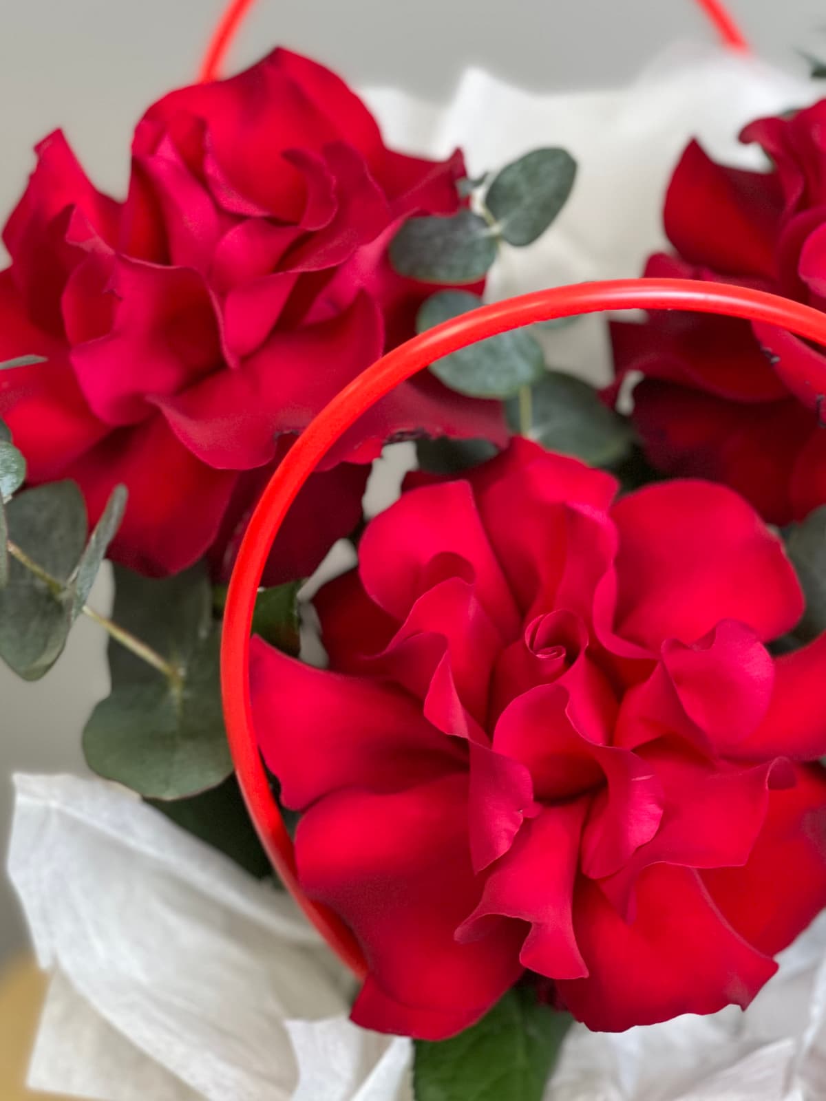 Композиция из красных роз в сумочке "Бордо"