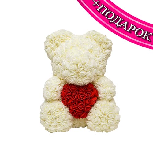 Мишка из роз белый 40 см + ПОДАРОК Мишка из роз белый 40 см + ПОДАРОК