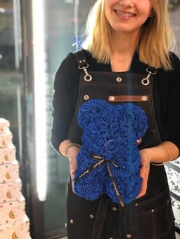 Мишка из роз синий 28 см + ПОДАРОК