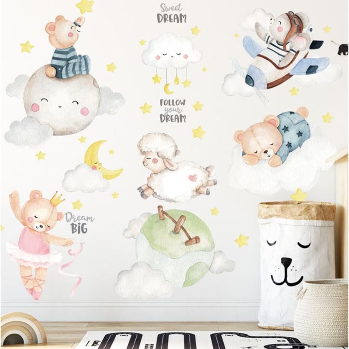 Наклейка пластик интерьерная цветная "Медвежата и барашек в облаках" 30х90 см набор 2 листа