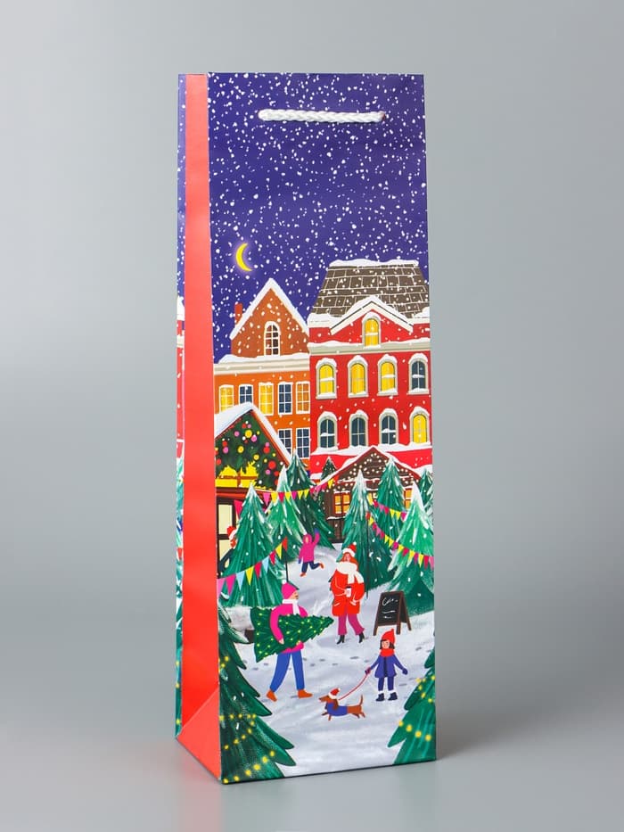 Пакет подарочный новогодний под бутылку, упаковка «Праздник в городе», 12×36×8.5 см