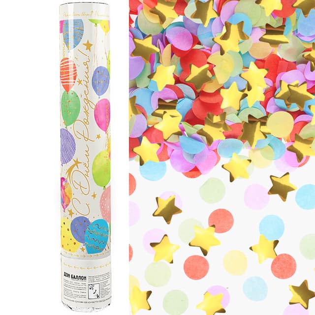Пневмохлопушка (12/30 см), Воздушные шары, Звезды фольга и круги тишью, Золото, Металлик Пневмохлопушка (12/30 см), Воздушные шары, Звезды фольга и круги тишью, Золото, Металлик