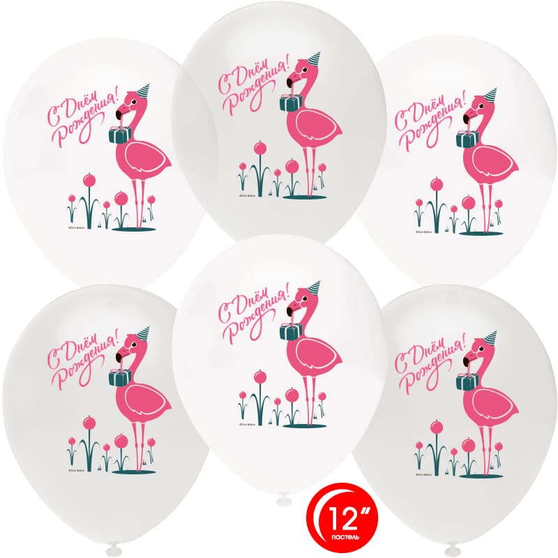 Шар (12''/30 см) Фламинго, С Днем Рождения!, Белый (801)/Прозрачный (701), пастель, 1 ст