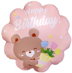 Шар (18''/46 см) Круг, Happy Birthday (мишка с букетом), Розовый