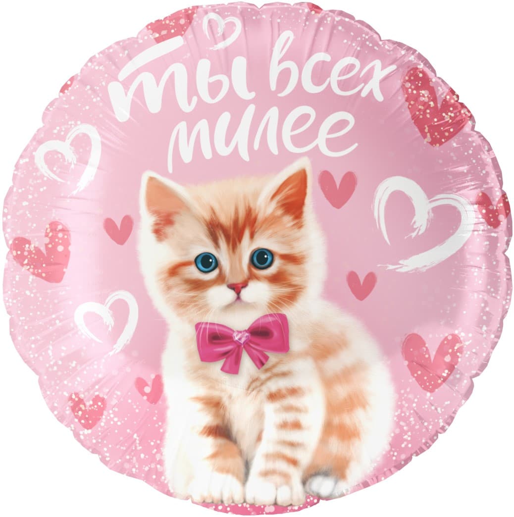 Шар (18''/46 см) Круг, Ты всех милее (котенок), Розовый