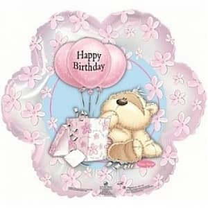 Шар (20"/51см) Фигура, Цветок, С Днем рождения, (мишка с шариками), Розовый