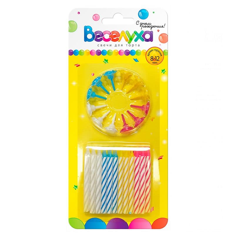 Свечи тортовые классические (Ассорти) с держателями / 24 шт., 6 см /