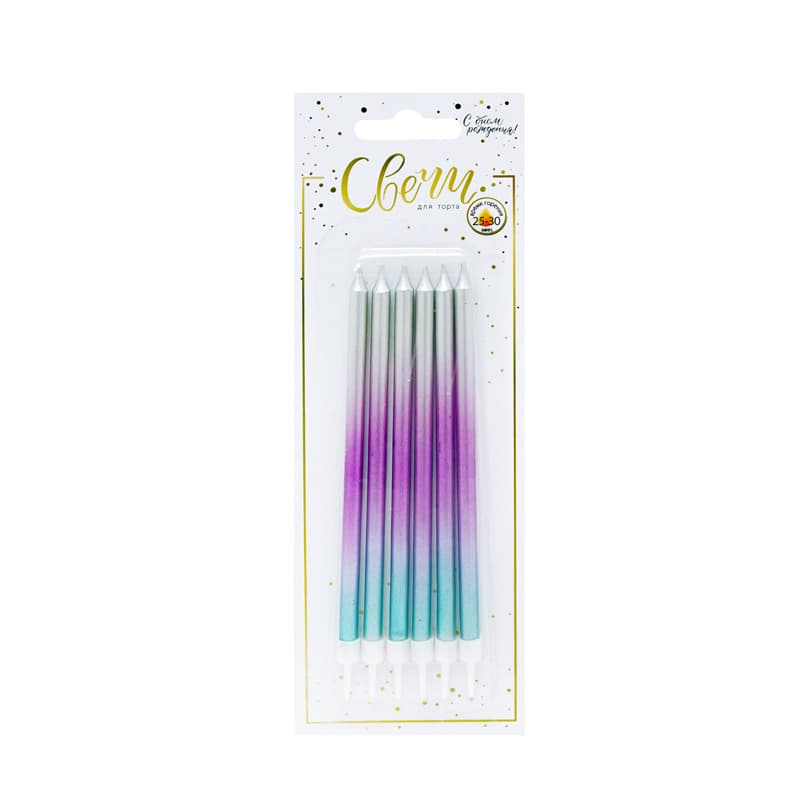 Свечи тортовые классические XL "Градиент" Серебро-розовый-синий металлизированные с держателями / 6 шт., 12 см /